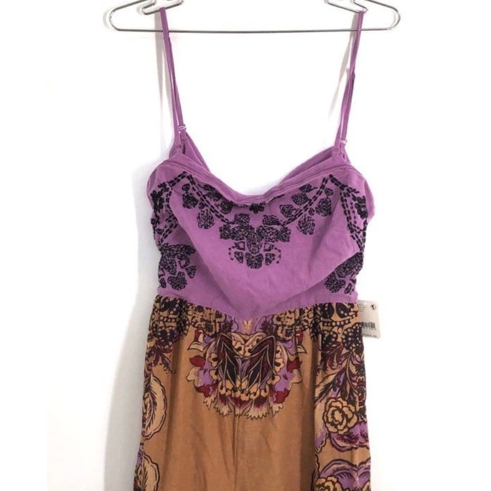 Free People Purple Tan Embroidered Wide Leg Jumpsuit Boho Festival Sz S NWT - Picture 6 of 9